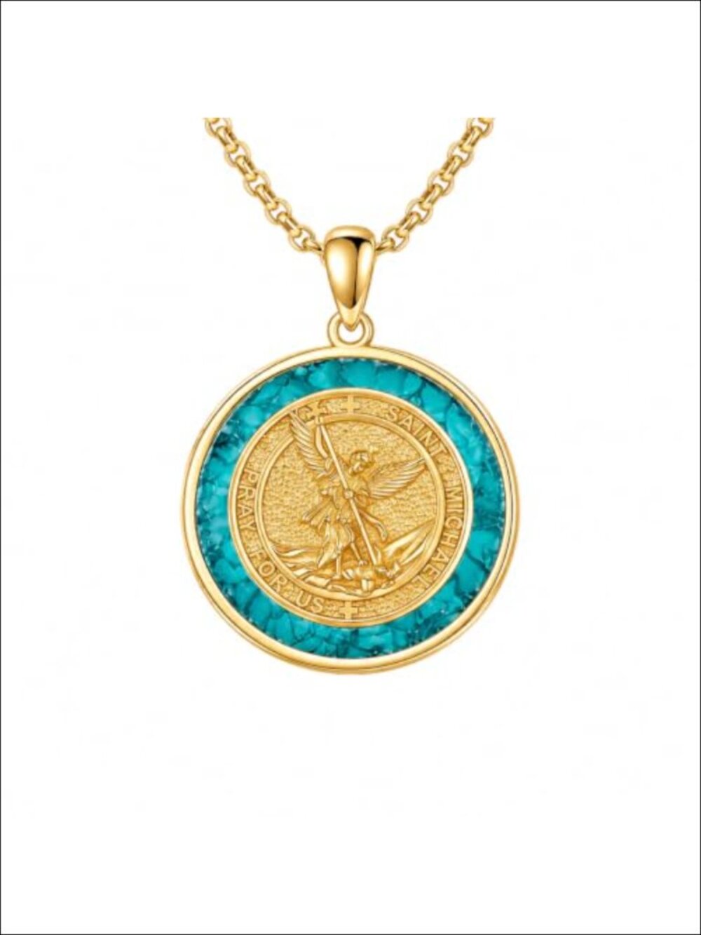 14K Gold Plated St Michael Turquoise Pendant Necklace